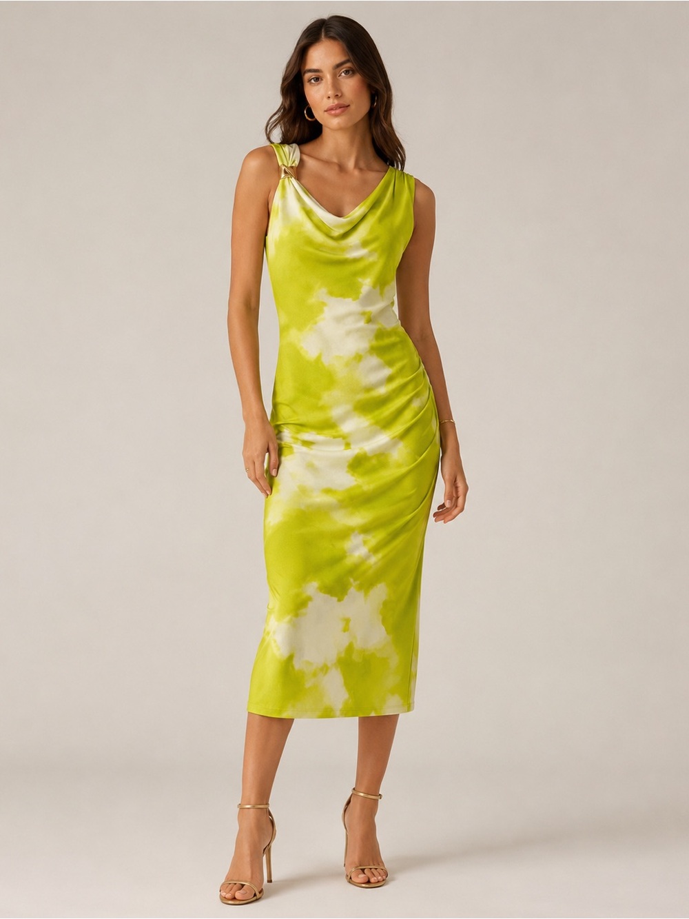 Donna Karan New York Lime Green Mesh Overlay Ruched Maxi Dress Size M